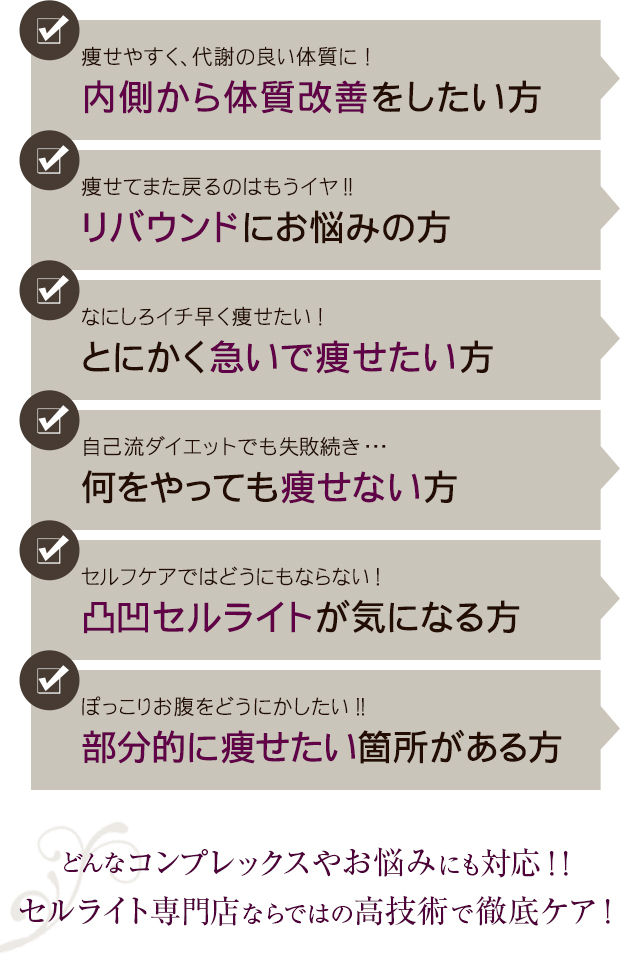 内側から体質改善をしたい方 リバウンドにお悩みの方 とにかく急いで痩せたい方 何をやっても痩せない方 凸凹セルライトが気になる方 部分的に痩せたい箇所がある方