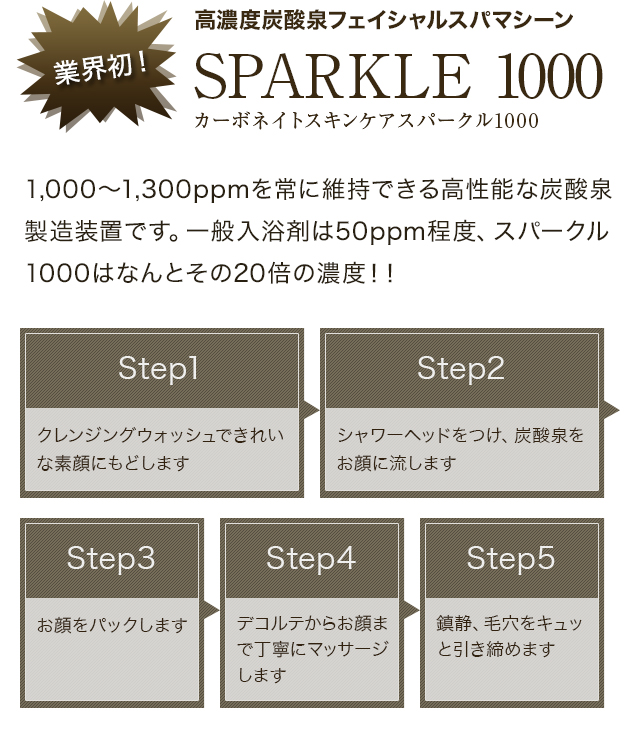 1,000~1,300ppmを常に維持できる高性能な炭酸泉製造装置です。一般入浴剤は50ppm程度、スパークル1000はなんとその20倍の濃度!!